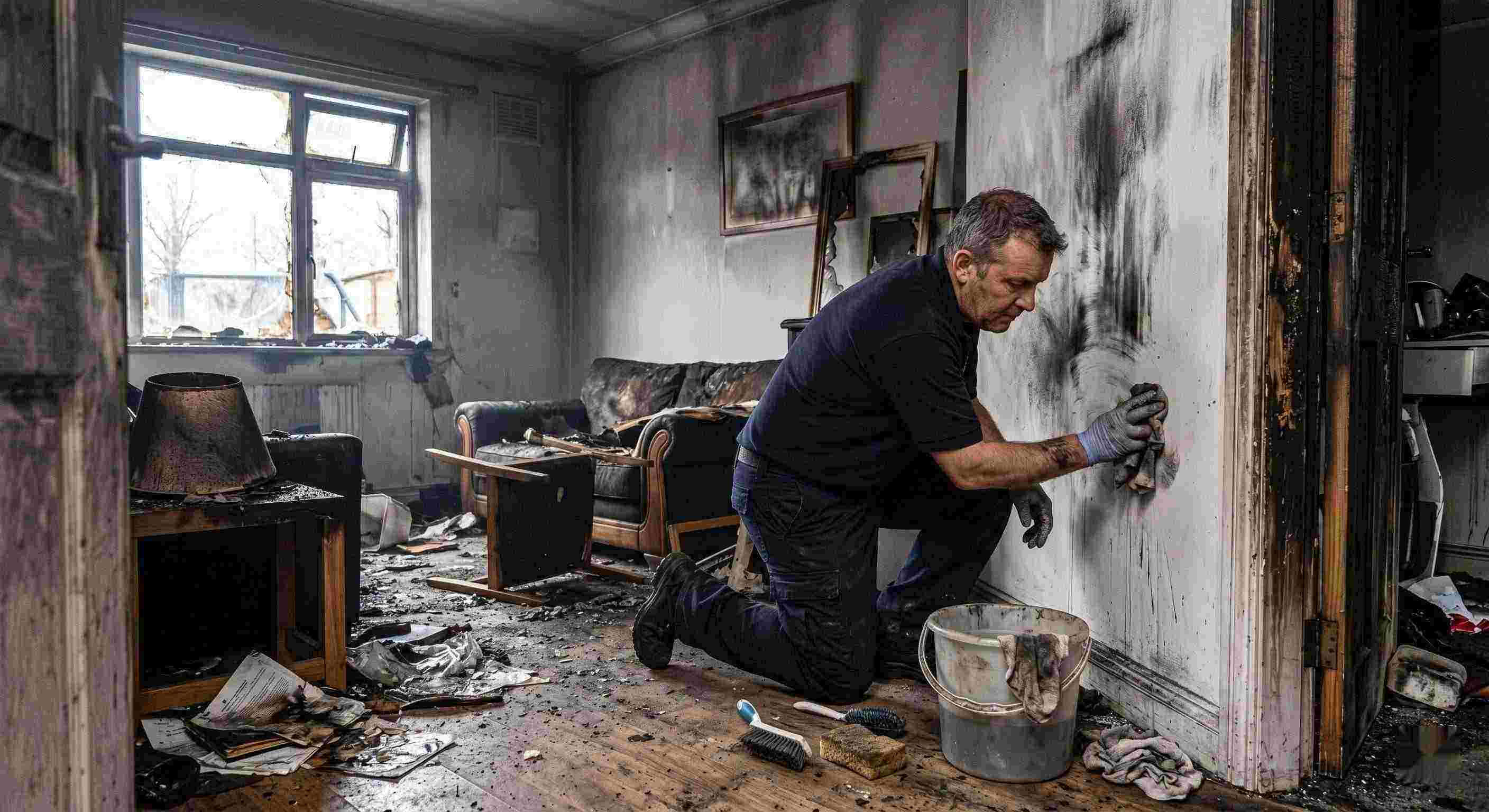 Technician performing soot removal in a fire-damaged home in Salt Lake City, restoring smoke-damaged walls and surfaces.