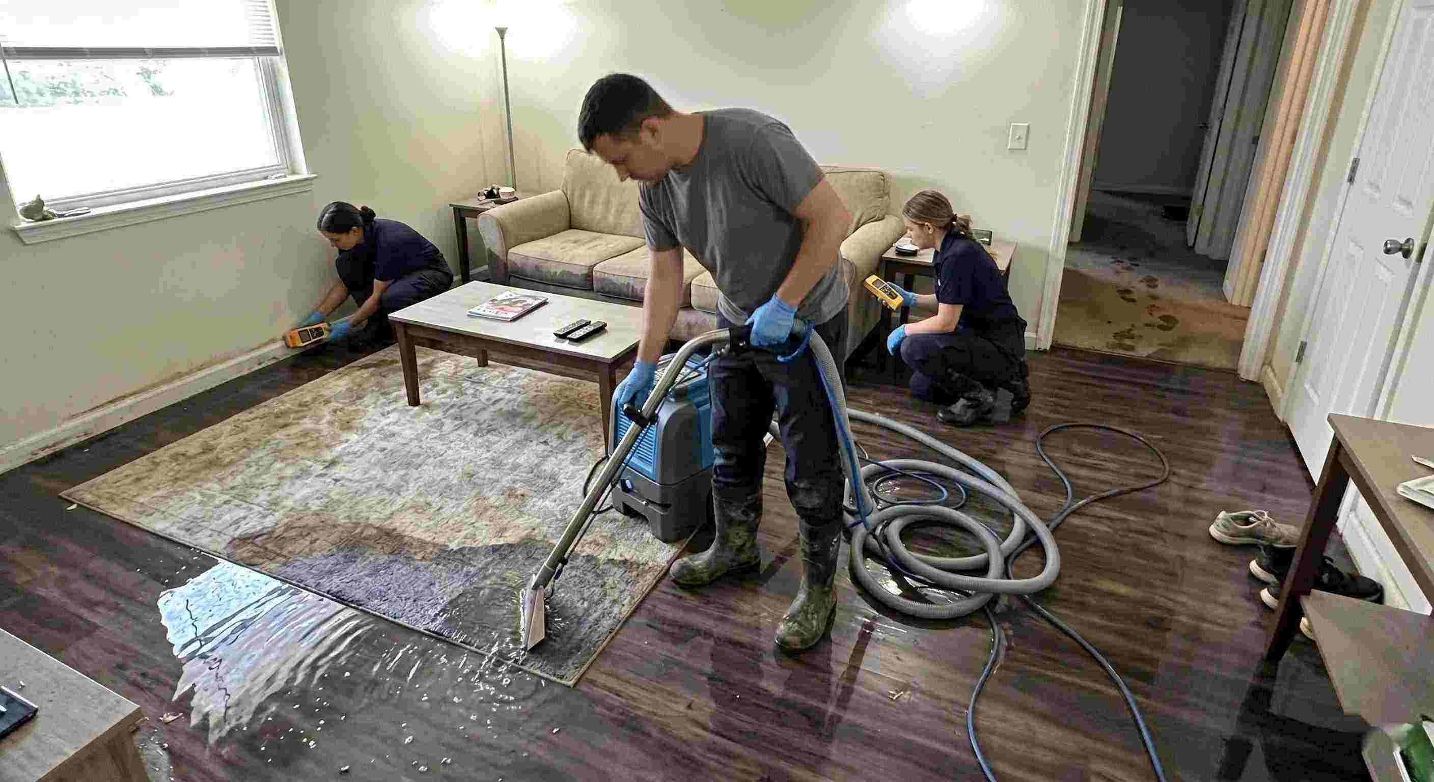 Standing water extraction service removing pooled water inside a home in Salt Lake City