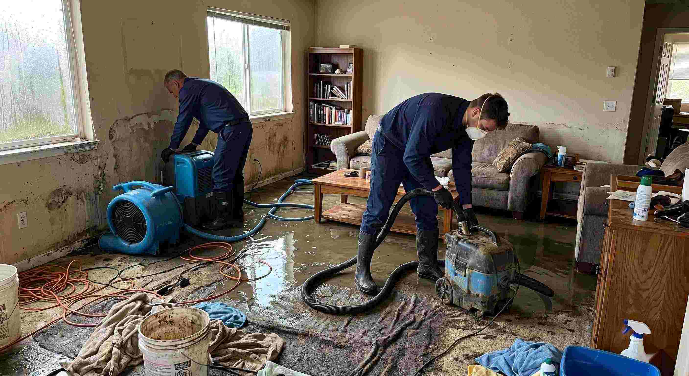 Storm water damage cleanup in a residential home showing technicians removing standing water and setting up drying equipment in Salt Lake City.