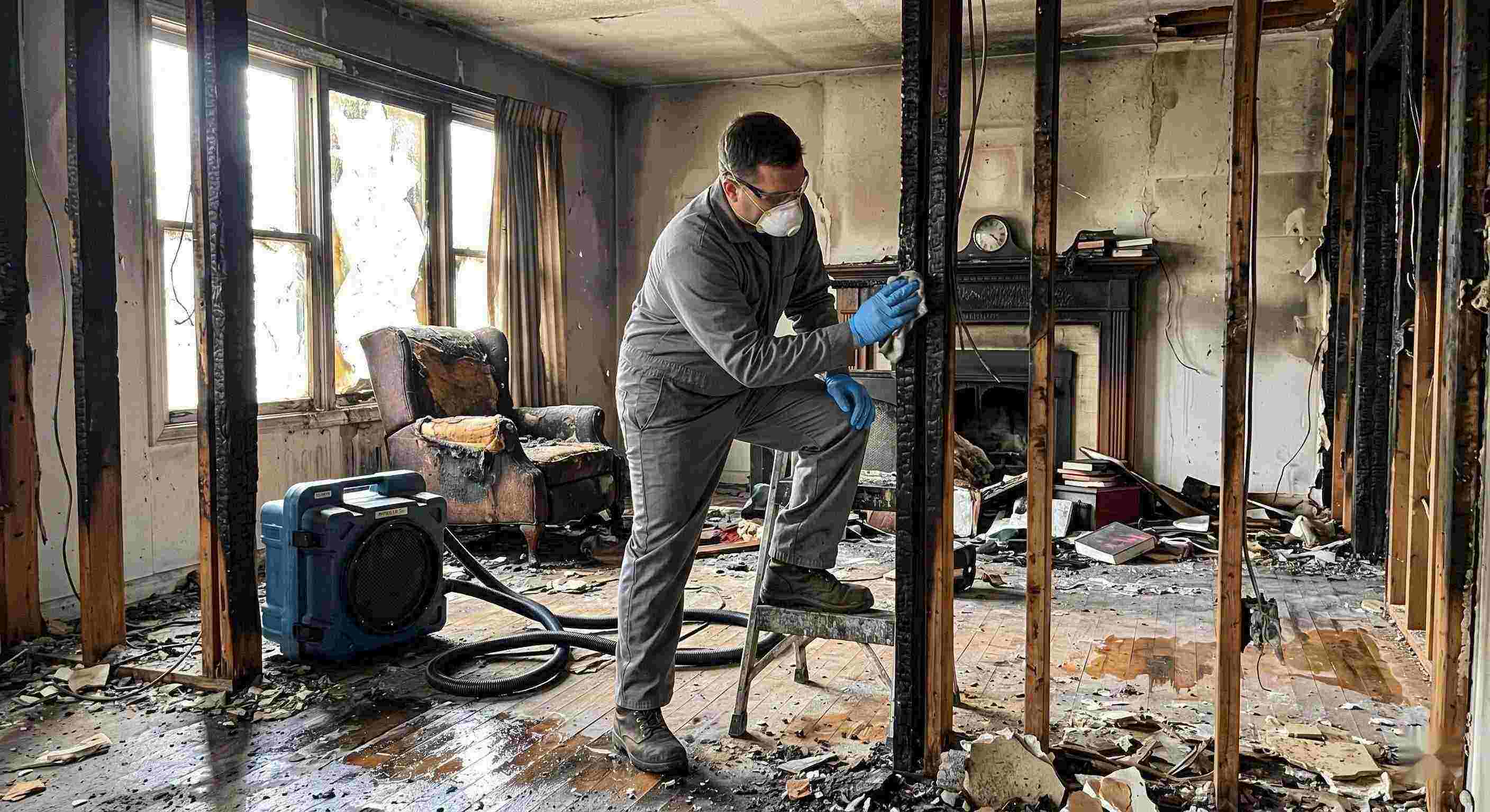 Fire damage structural cleaning after a residential fire in Salt Lake City showing soot-covered beams, charred walls, and a technician restoring the home.