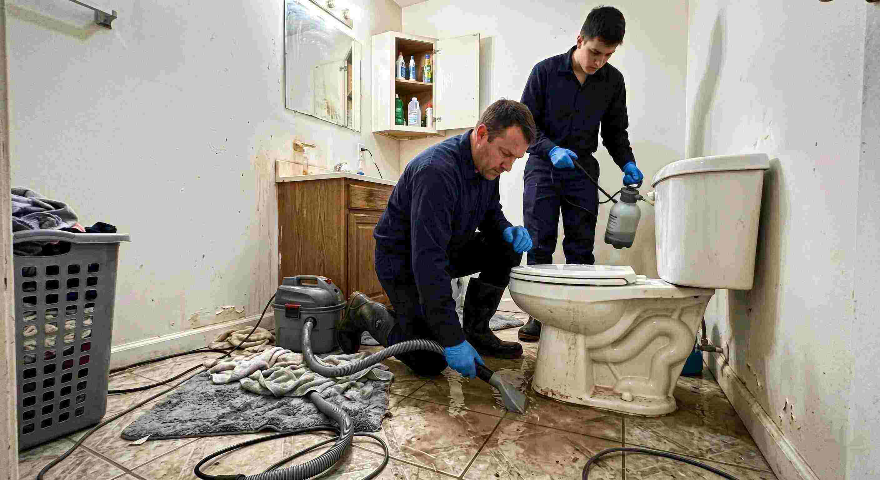 toilet overflow cleanup service in Salt Lake City with technicians extracting contaminated water from bathroom floor