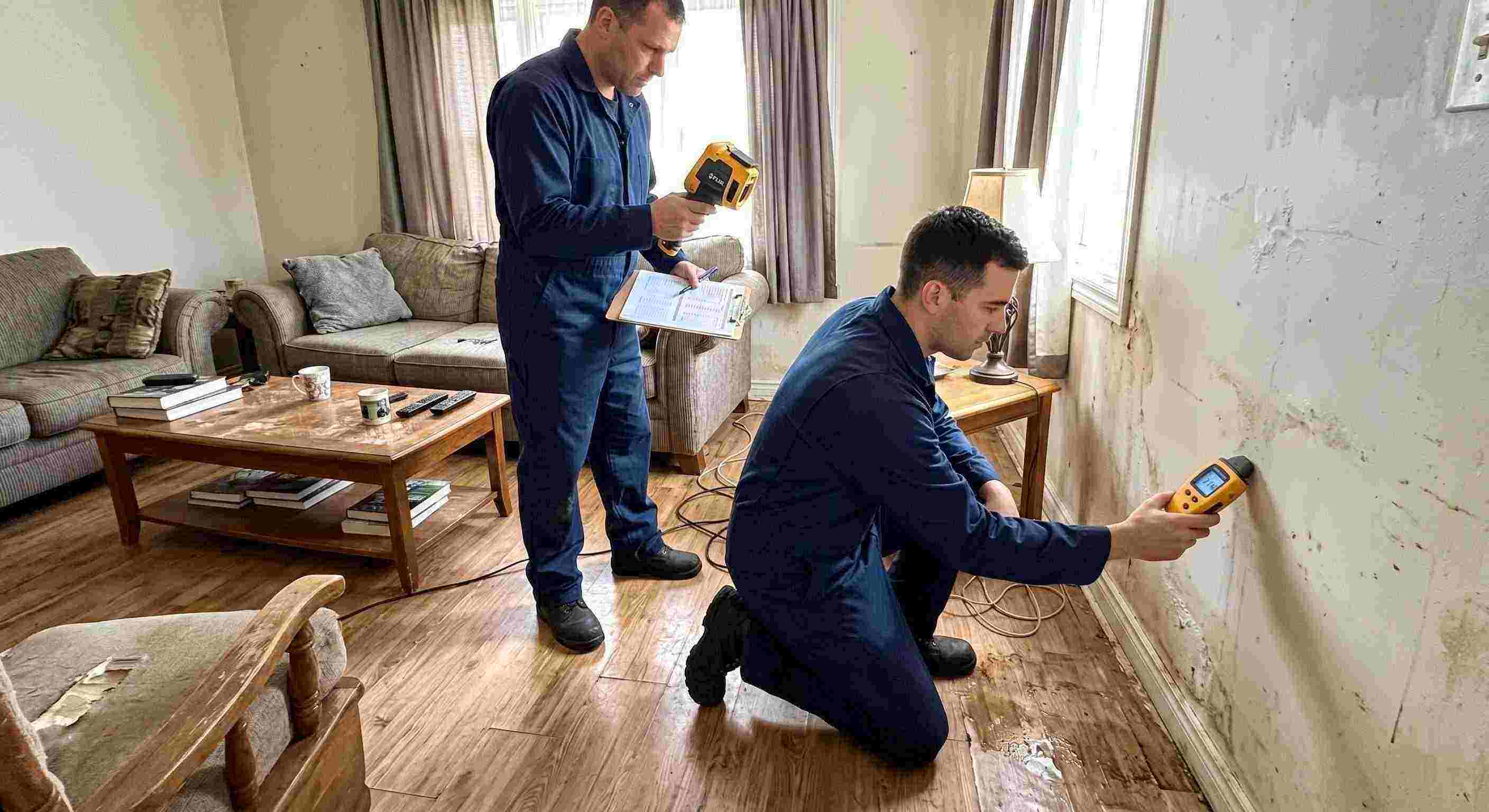 Professional water damage inspection technician using moisture meter and thermal imaging in Layton home