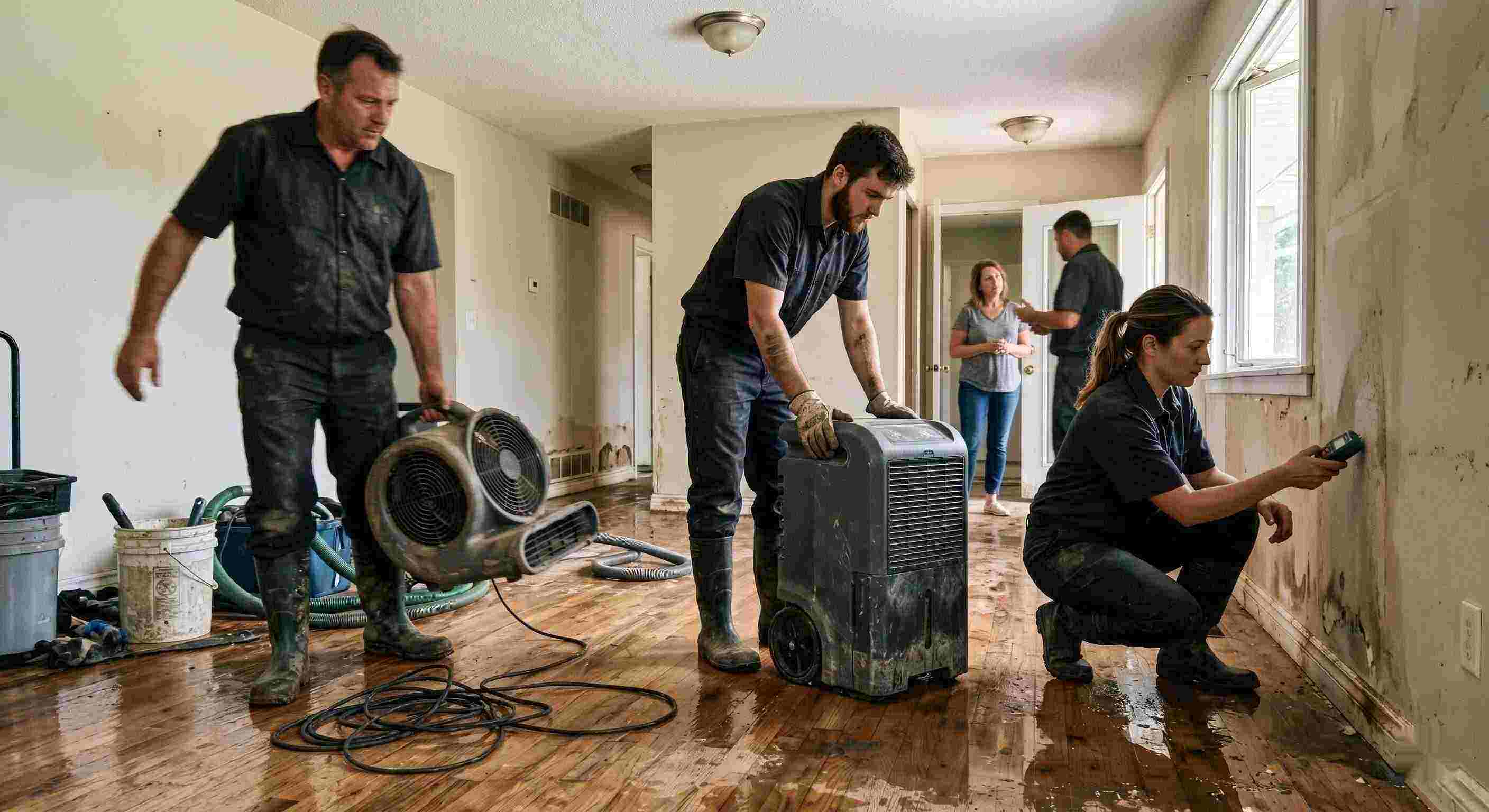 Reliable trusted water damage restoration team in Layton using professional equipment for drying and inspection