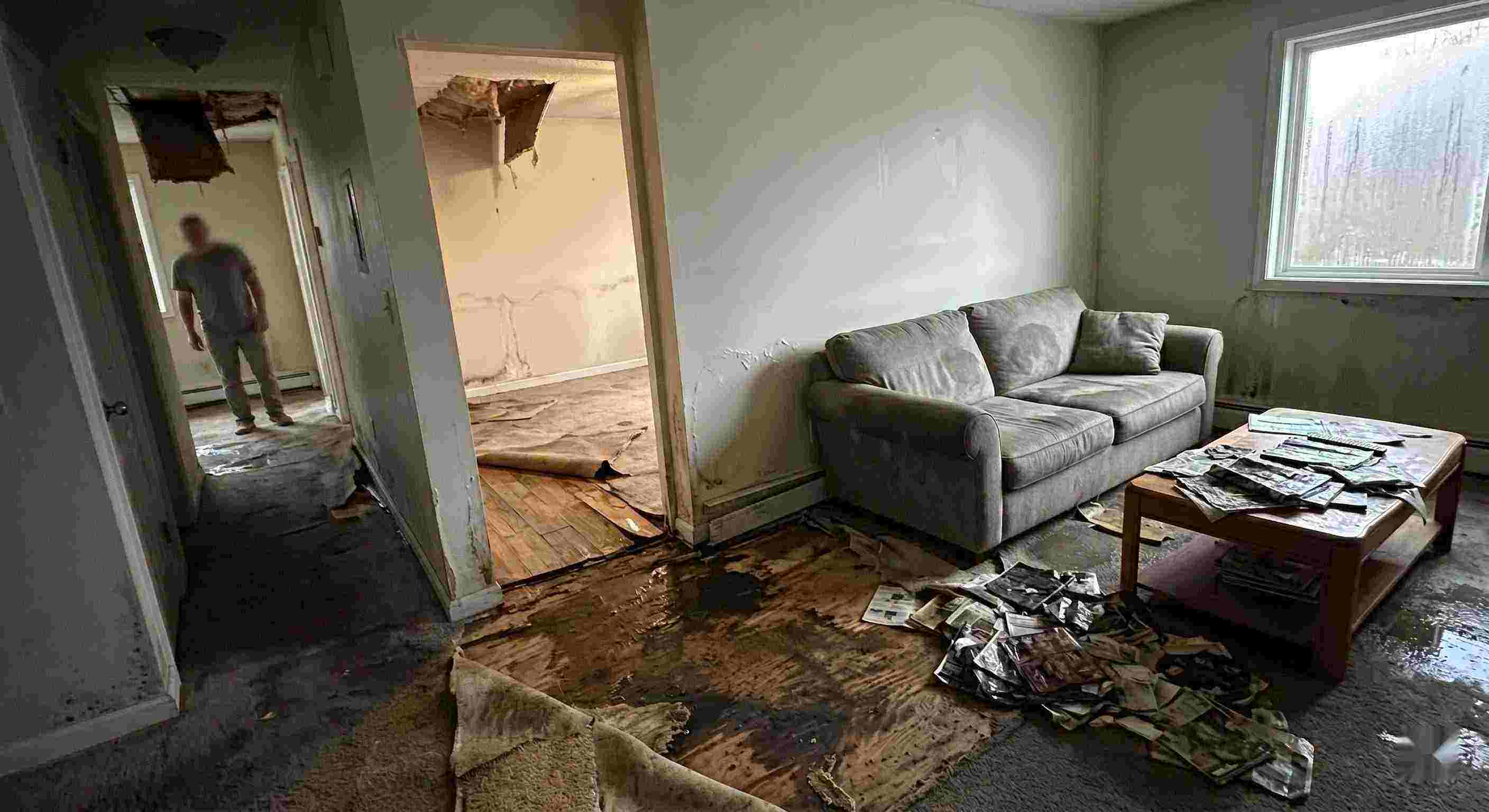Fast severe indoor water damage in Layton home with soaked floors, peeling walls, and structural deterioration