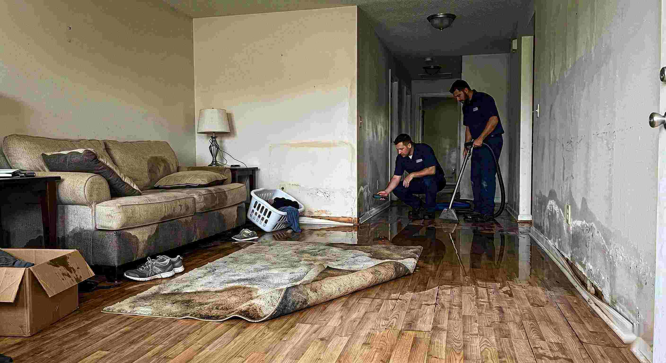 water damage spreading across floors and walls inside a home in Salt Lake City showing soaked flooring and structural impact