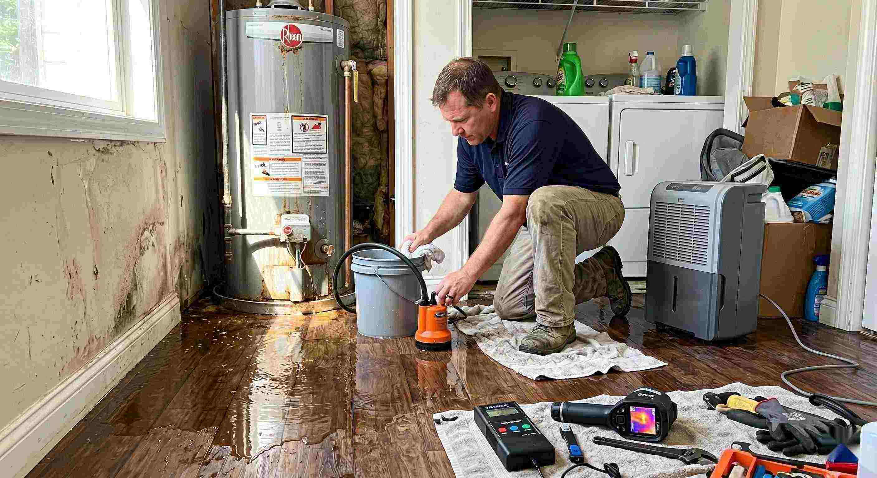 Technician performing water heater leak damage restoration in a home with water pooled on the floor and visible moisture damage in Salt Lake City