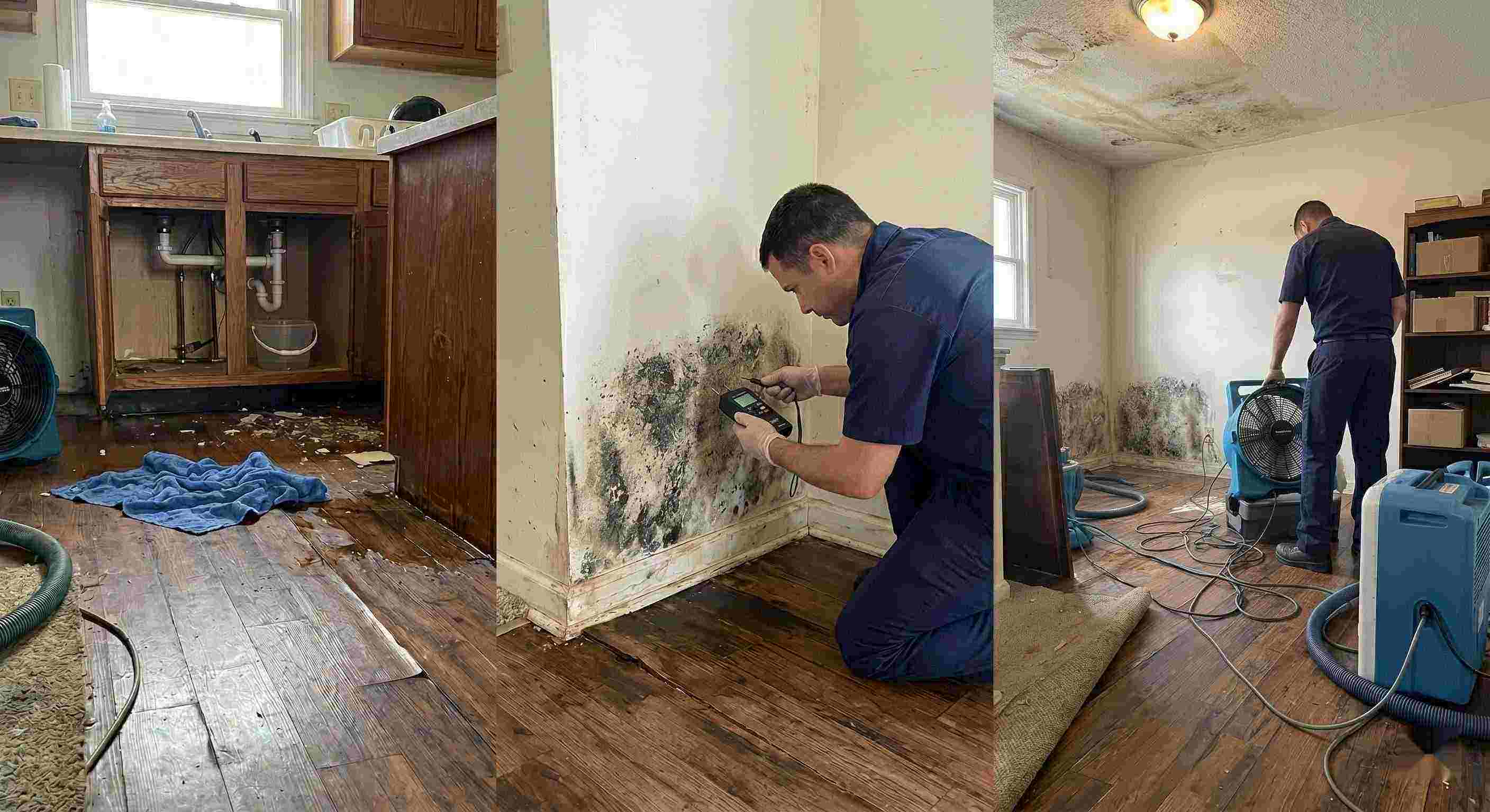 Realistic photo of water leak damage inside a home, showing pooled water, damp flooring, and technicians performing leak damage restoration in Salt Lake City.