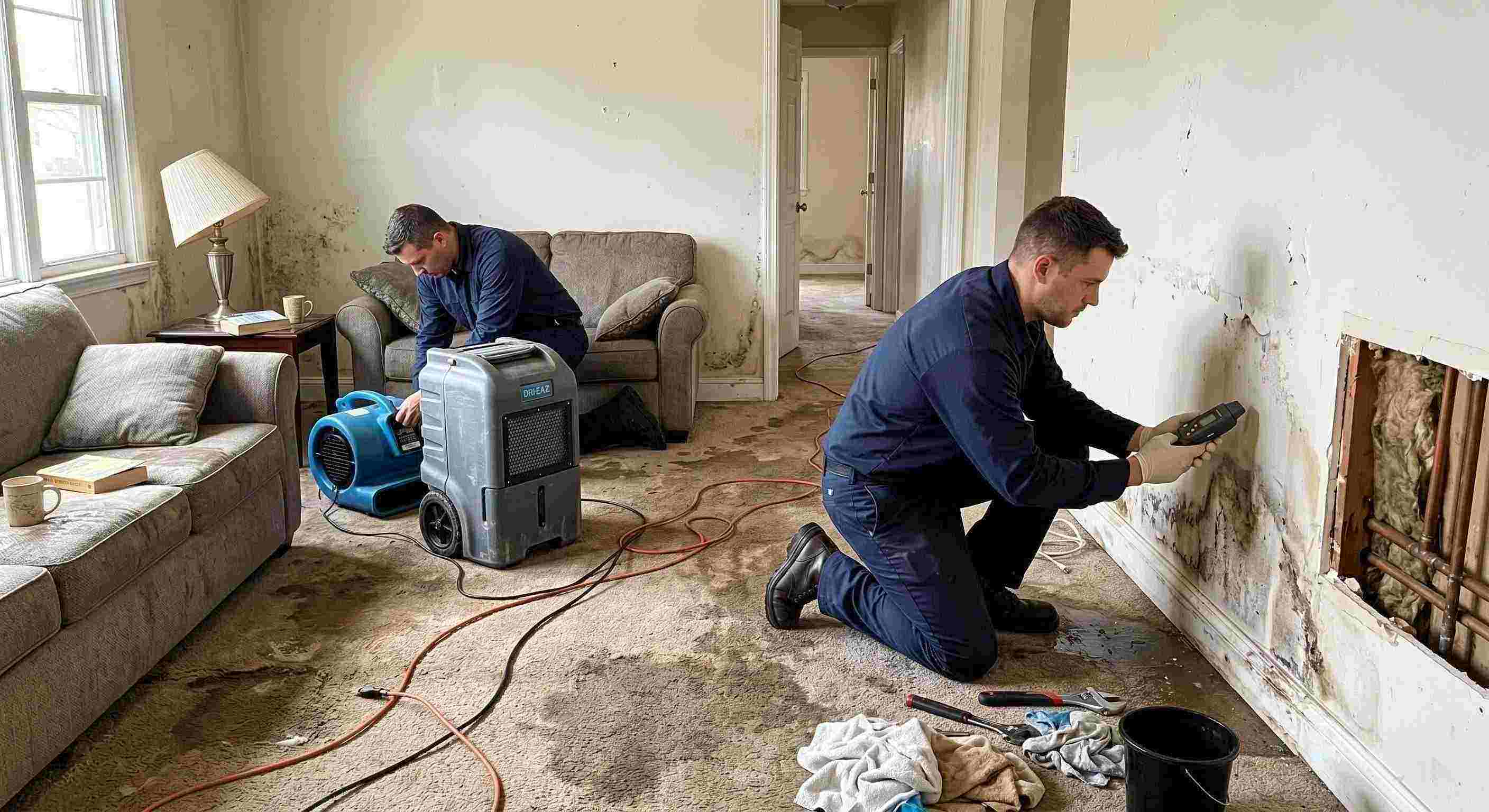 Realistic water leak damage repair scene in a residential home showing technicians locating and repairing a hidden pipe leak in Salt Lake City.