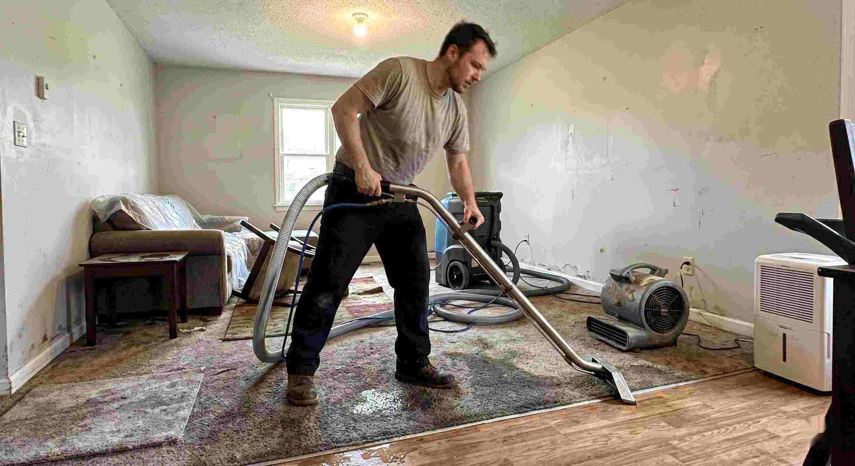 Water extraction technician removing water during restoration process in a residential home in Salt Lake City