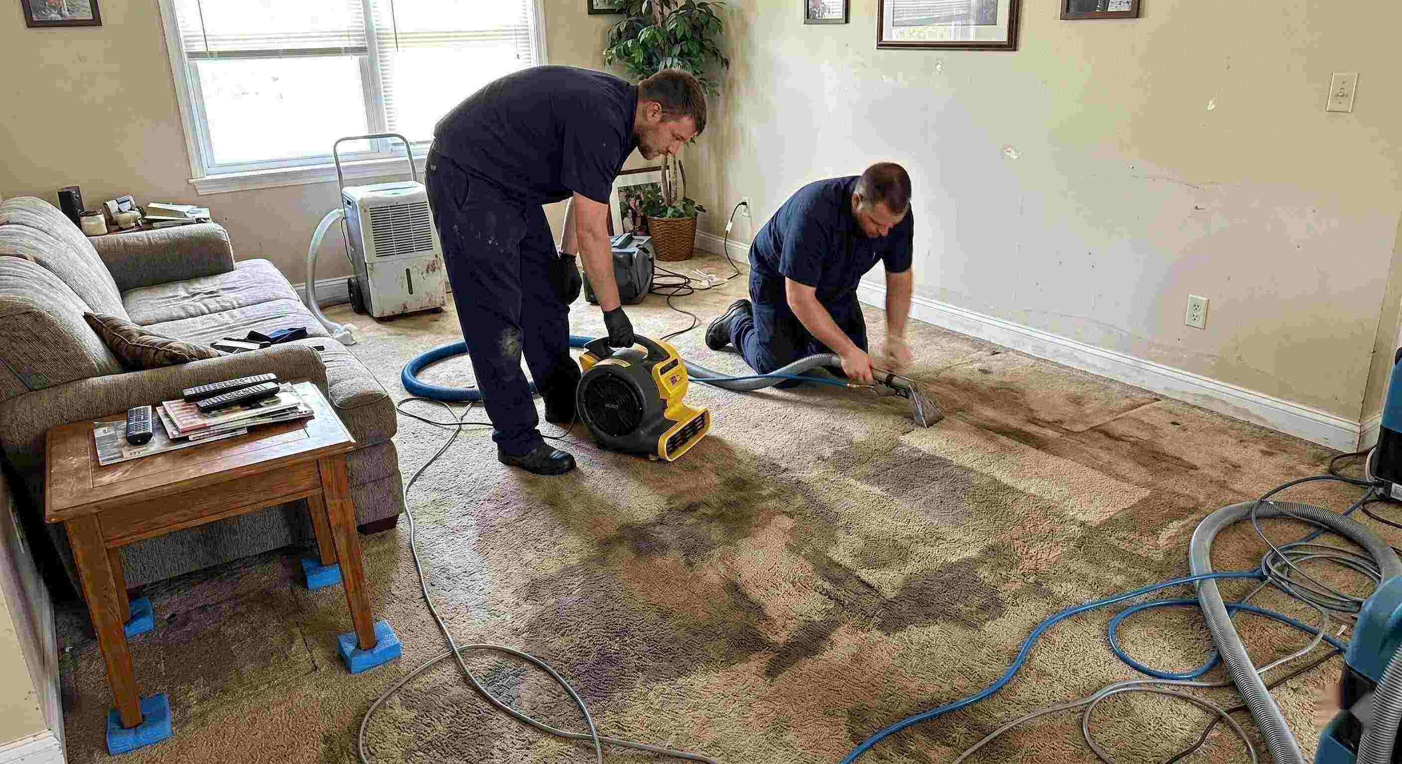 wet carpet cleanup service in Salt Lake City removing moisture from soaked residential carpet using extraction and drying equipment