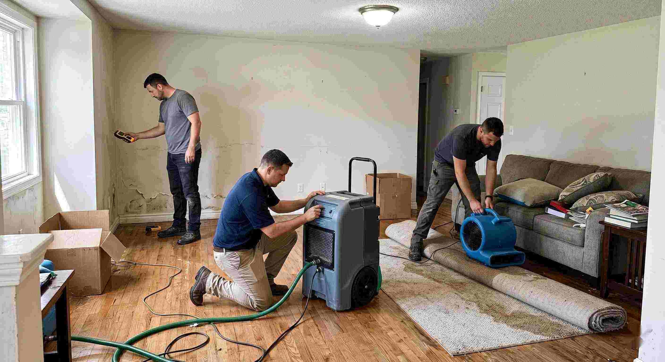 Local flood restoration team working in a water-damaged home, showing equipment and hands-on cleanup process in Salt Lake City