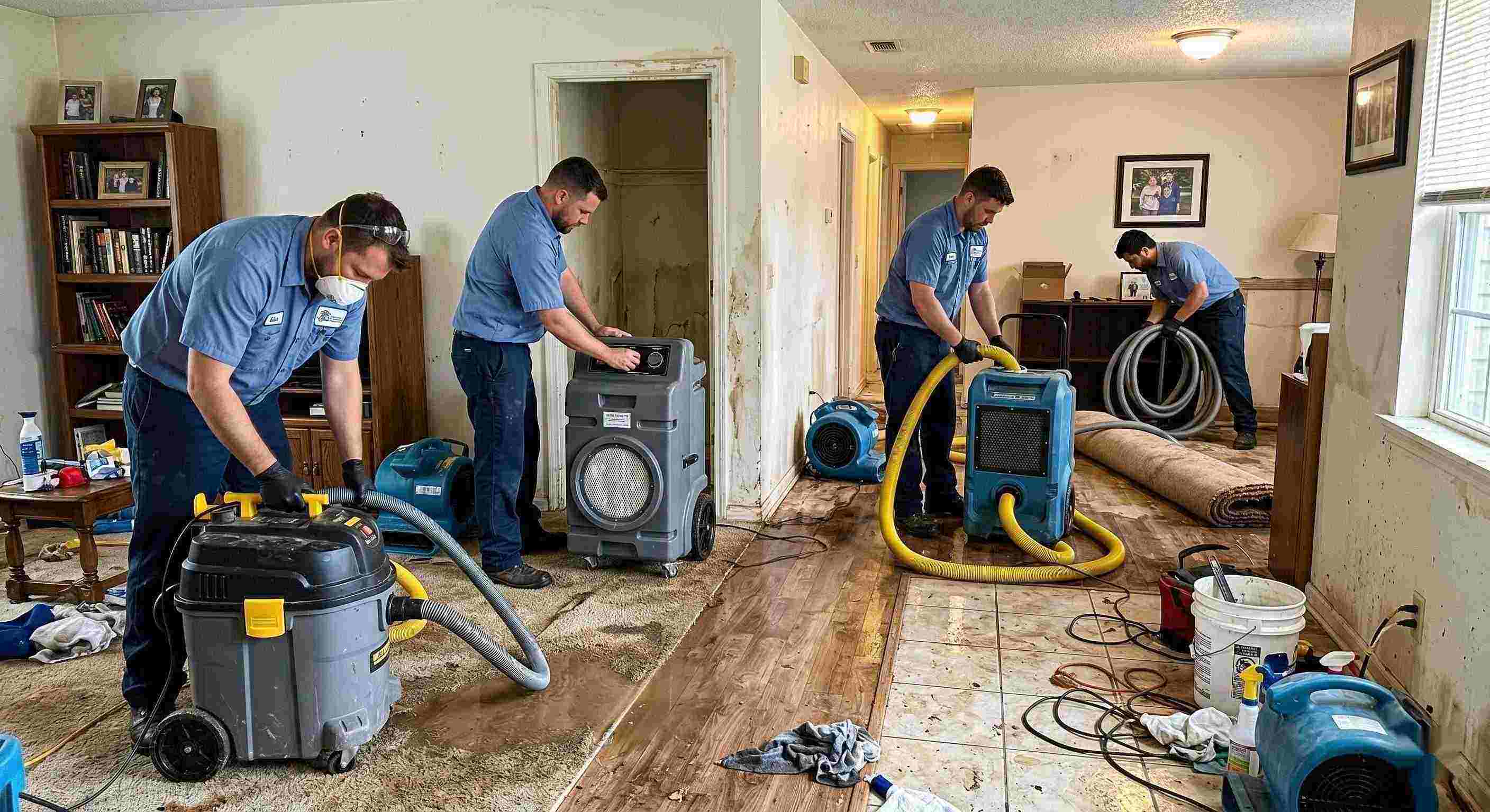 Realistic photo of sewage backup cleanup team using professional equipment in a home interior, showing trust, teamwork, and proper restoration techniques in Salt Lake City.